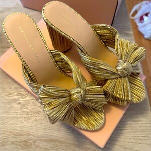 New, unworn Loeffler Randall Gold Penny Knot Mules- size 8.5
